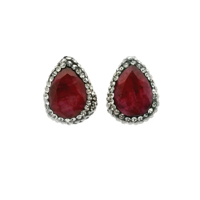 Ruby Stud Earrings – Faceted Pear Surrounded by Marcasite & Silver Swarovski Crystals in 925 Sterling Silver