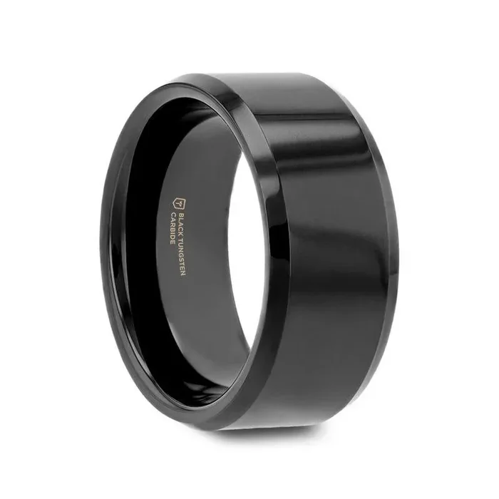 SACRAMENTO Black Tungsten Carbide Ring with Beveled Edges – 10mm