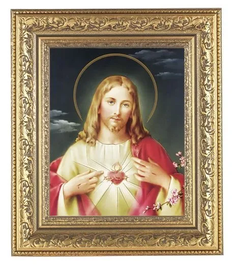 Sacred Heart of Jesus Picture Framed Wall Art Decor Large Gold-Leaf Acanthus-Leaf Carvings Ornate Frame