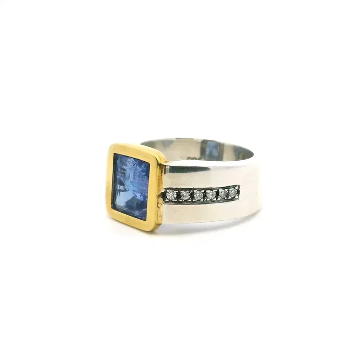 Sapphire Ring – Faceted Square with Diamonds Down Both Sides of Band Bezel Set Flush in 925 Sterling Silver with Gold Accent sz9