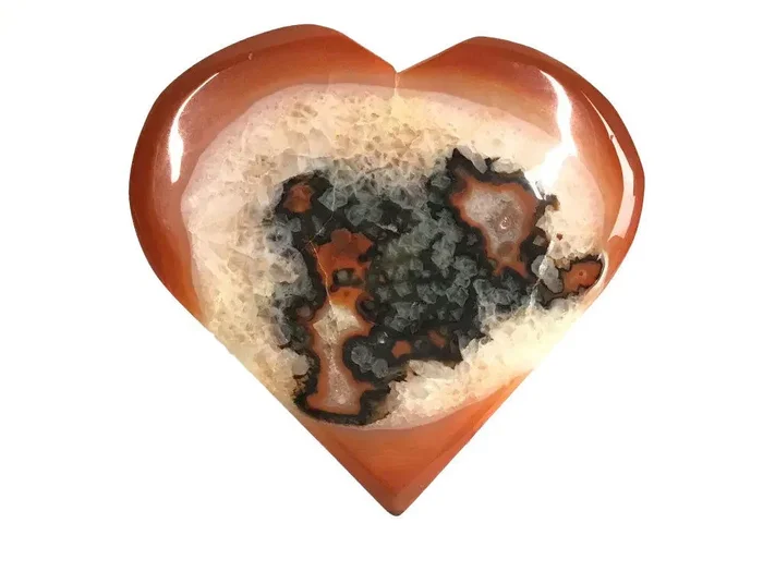 Sardonyx Carnelian Agate Heart Flat with Druze on Lucite Stand – Dark Orange Outer Edge with Black-Banded Sugar Druze Pocket in Center & Black & Orange Pattern on Reverse