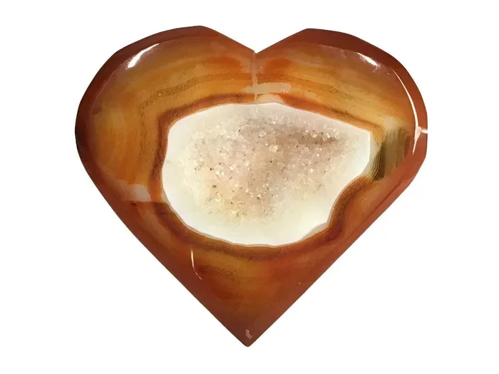 Sardonyx Carnelian Agate Heart Flat with Druze on Lucite Stand – Orange Banding Surrounding Large White Sugar Druze Pocket & Dark Inclusion on One Curve