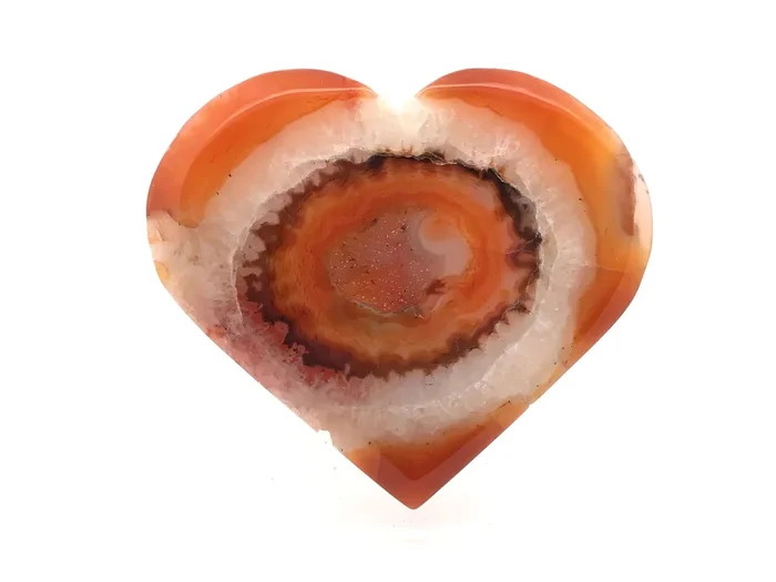 Sardonyx Carnelian Agate Heart Flat with Druze on Lucite Stand – Orange on Outer Curves & Tip with Wide Quartz Band & Brown & Orange Surrounded Druze Pocket