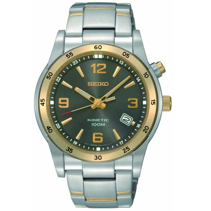 Seiko SKA508 Men’s Kinetic Charcoal Dial Gold Tone Bezel Two Tone Bracelet Watch