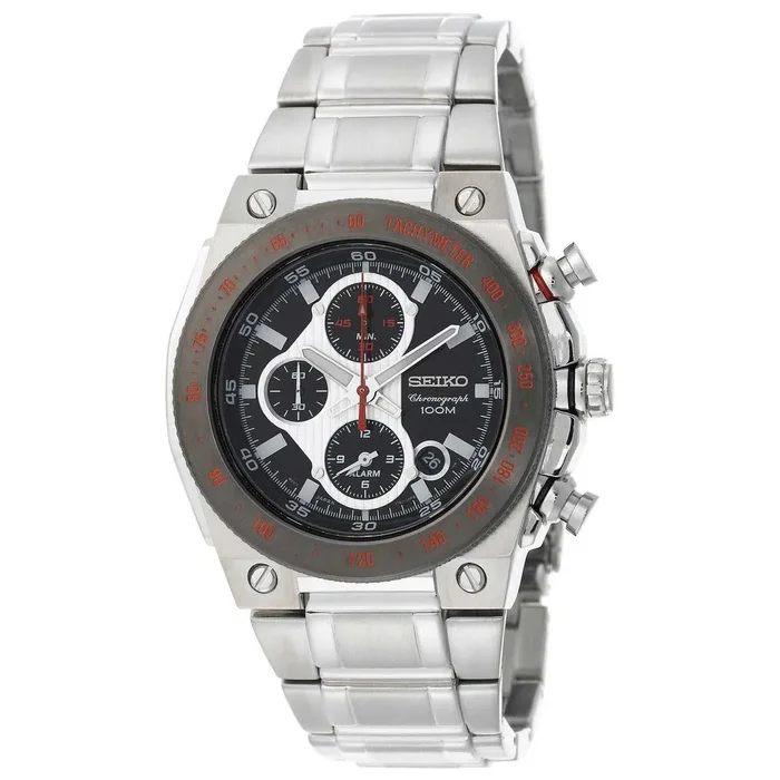 Seiko SNAD55 Men’s Black Dial Chronograph Alarm Steel Bracelet Watch