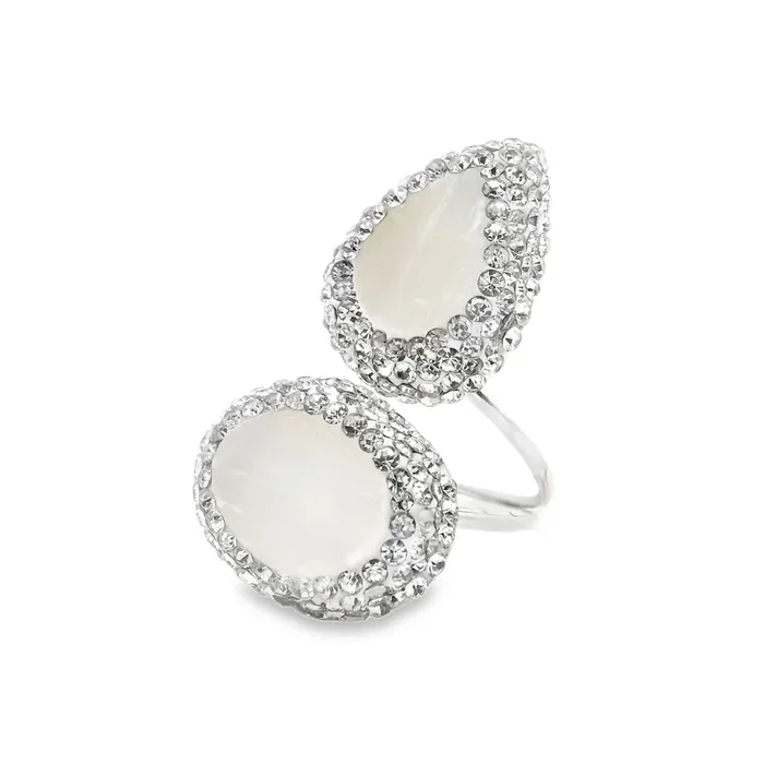 Selenite Ring – Oval & Pear Surrounded by Rows of Silver Swarovski Crystals on Open Double Band in 925 Sterling Silver szAdj.