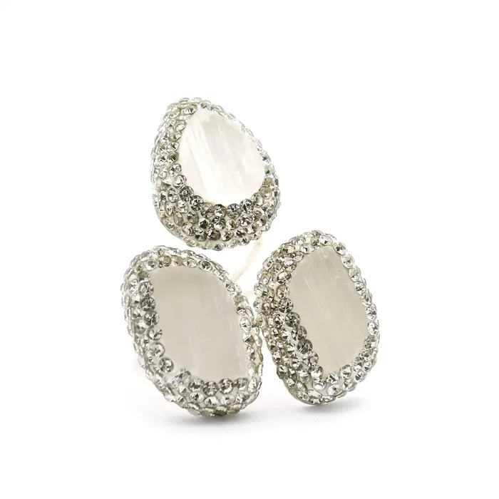 Selenite Ring – Pear & 2 Freeforms Surrounded by Rows of Silver Swarovski Crystals on Open Double Band in 925 Sterling Silver szAdj.