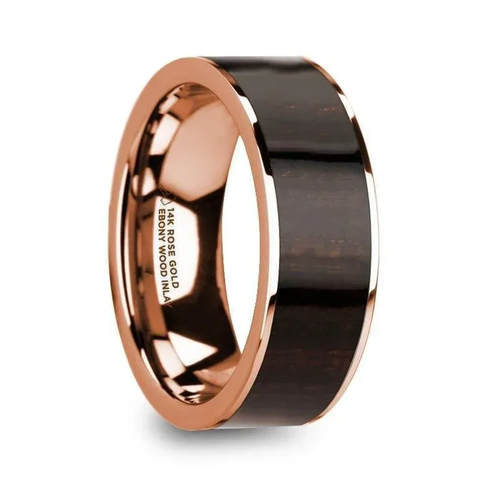 SERAPHIM Men’s Polished 14k Rose Gold with Ebony Wood Inlay Wedding Ring – 8mm