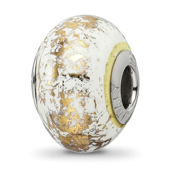 Sophia Jewelers 925 Sterling Silver White Ceramic Bead with Gold Foil Detailing