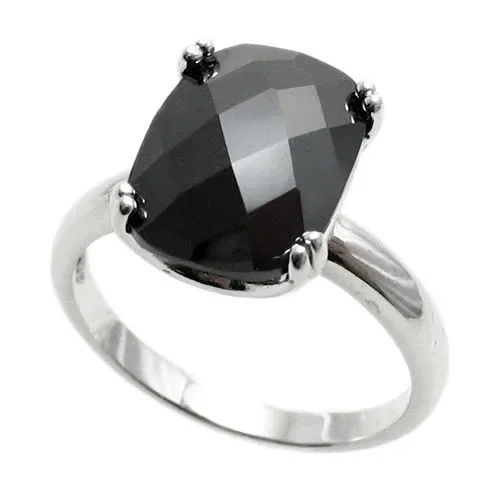 Spectacular Ring with Black Obsidian Colored Rectangular 10x14mm CZ Solitaire in Sterling Silver.