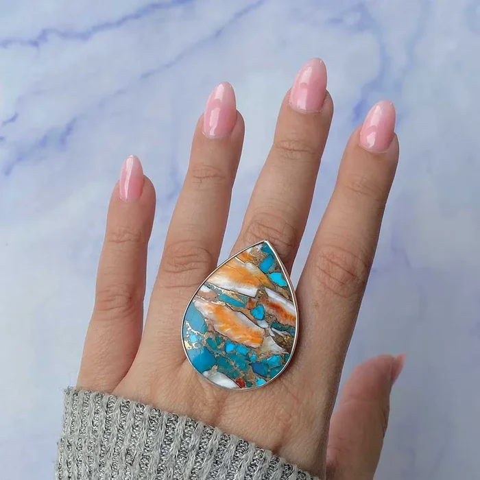 Spiny Oyster Turquoise Adjustable Ring-(TRO-R-76.)