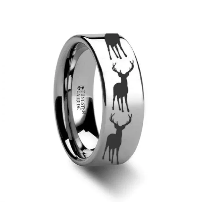 Stag Fawn Deer Elk Print Engraved Flat Tungsten Ring – 4mm – 12mm