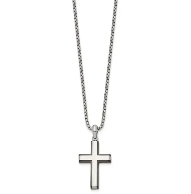 Stainless Steel & Black Enamel Cross on Box Chain Necklace (I7055)