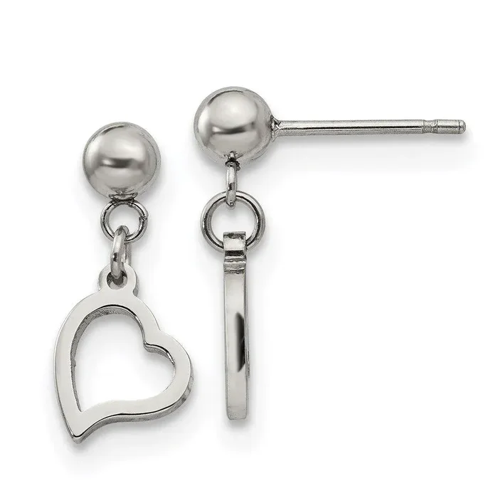 Stainless Steel 5 mm Ball Post Heart Dangle Earrings