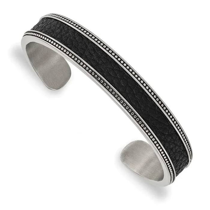 Stainless Steel Antiqued & Polished w/Textured Leather Inlay 12mm Bangle
