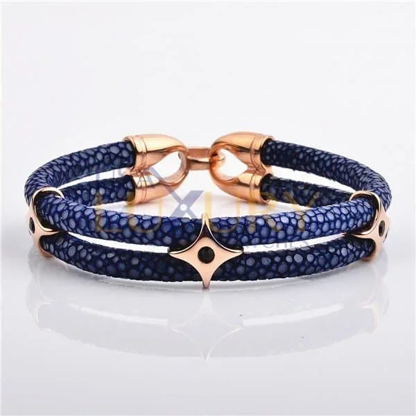 Stainless Steel Charm Rose Gold Plated With Real Stingray Leather Men’s Bracelet