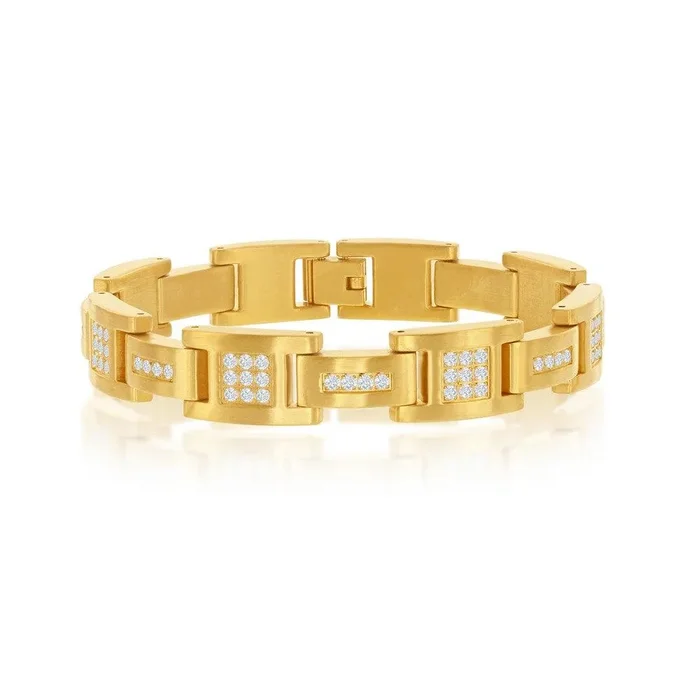 Stainless Steel Matte Gold Plated CZ Link Bracelet, 8.5″