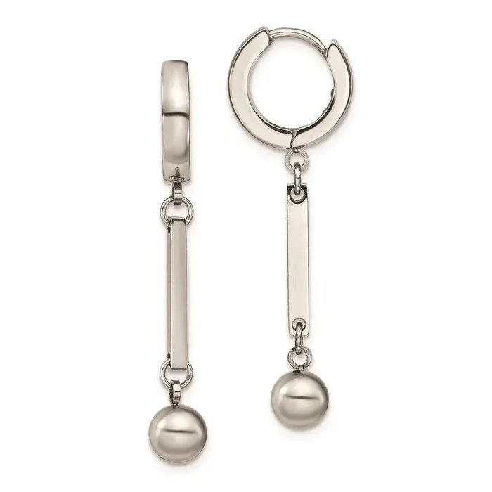 Stainless Steel Polished with Bar & Ball Dangle Hinged Hoop Earrings