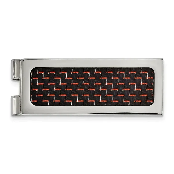 Stainless Steel Polished with Black and Red Carbon Fiber Inlay Money Clip