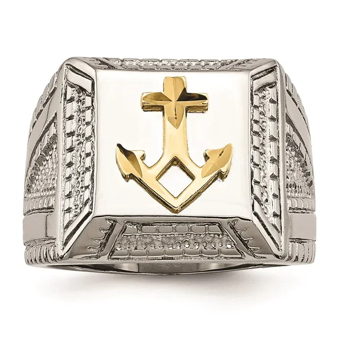 Stainless Steel Polished Yellow IP-plated w/ Sterling Silver Anchor Ring | SR471