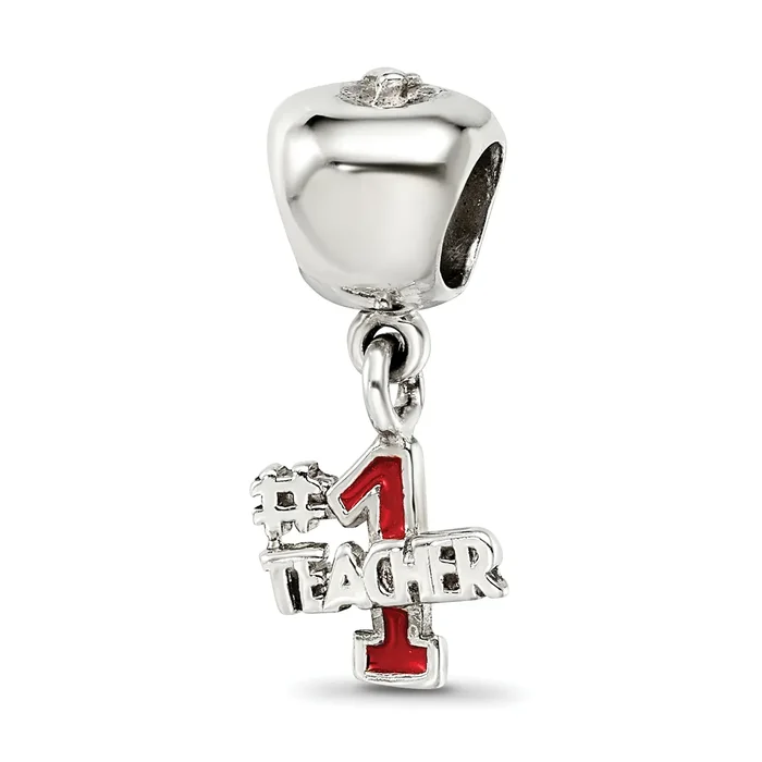 Sterling Silver #1 Teacher Apple Dangle Bead with Enameled Finish