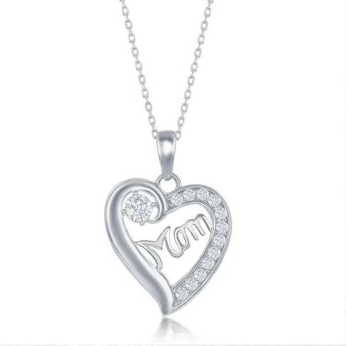 Sterling Silver ‘Mom’ Cubic Zirconia Heart Necklace