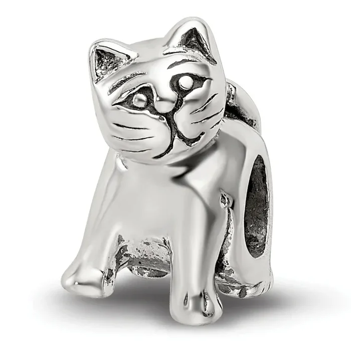 Sterling Silver 925 Antique Cat Bead with Solid Casted Design
