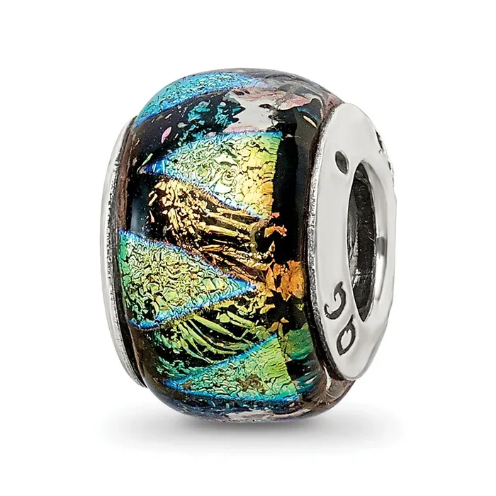 Sterling Silver 925 Antiqued Bead with Green Dichroic Glass Elegant, Handcrafted Style