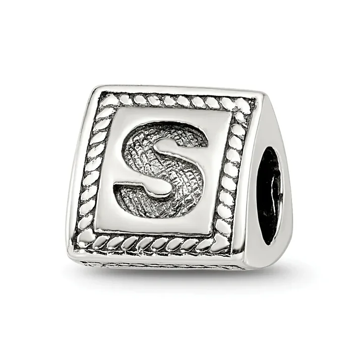 Sterling Silver 925 Antiqued Letter S Block Bead Charm Solid Elegant Design