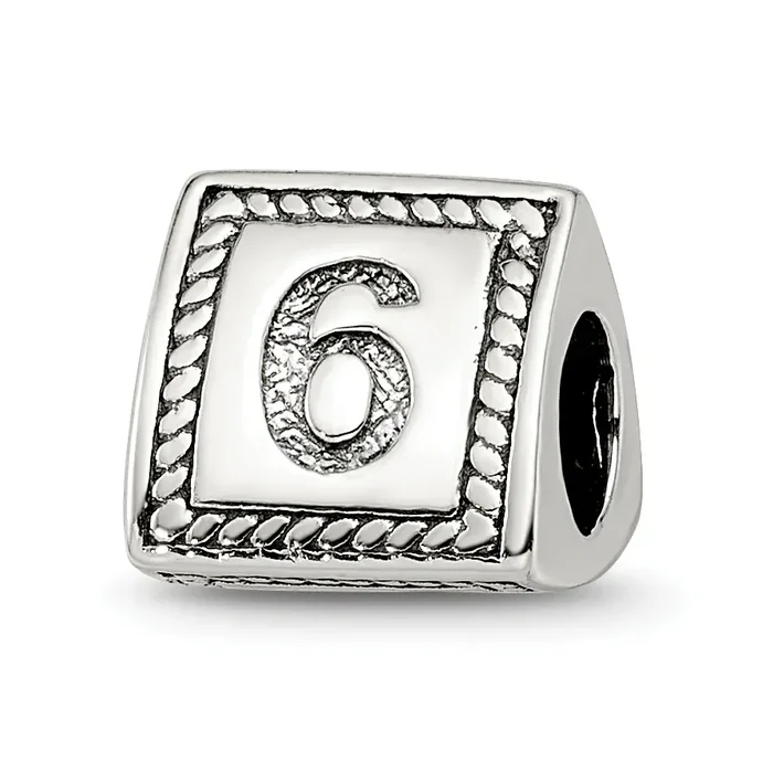Sterling Silver 925 Antiqued Triangle Block Bead Number 6 Solid Design