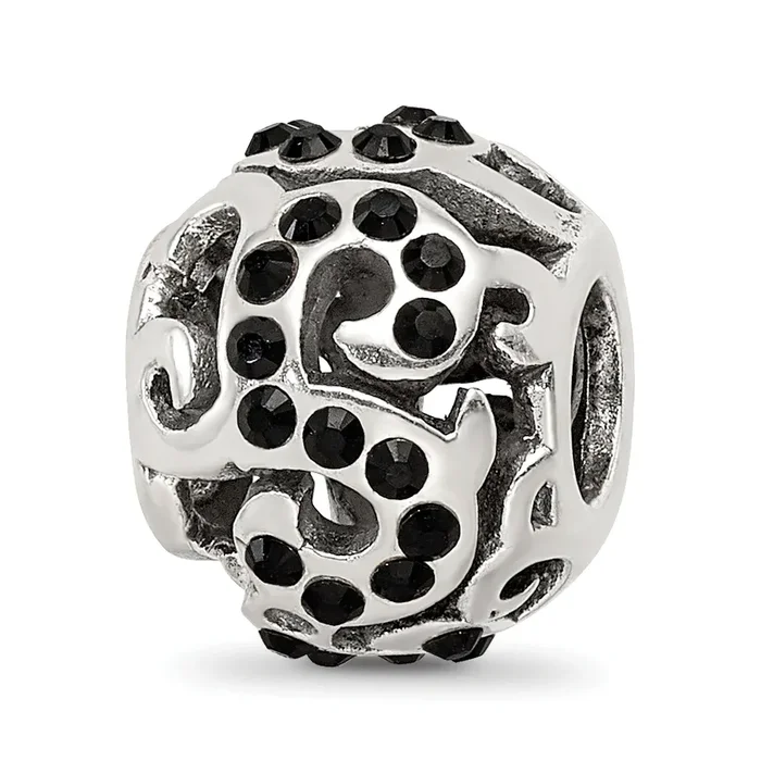 Sterling Silver 925 Bead with Black Preciosa Crystal Swirl Design