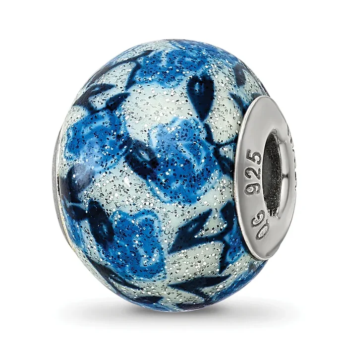 Sterling Silver 925 Blue Rose Glitter Glass Bead with Antique Finish