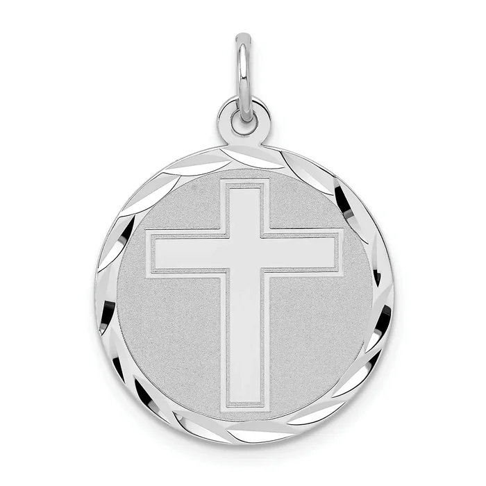 Sterling Silver 925 Cross Disc Charm with Rhodium-Plated Polished Finish