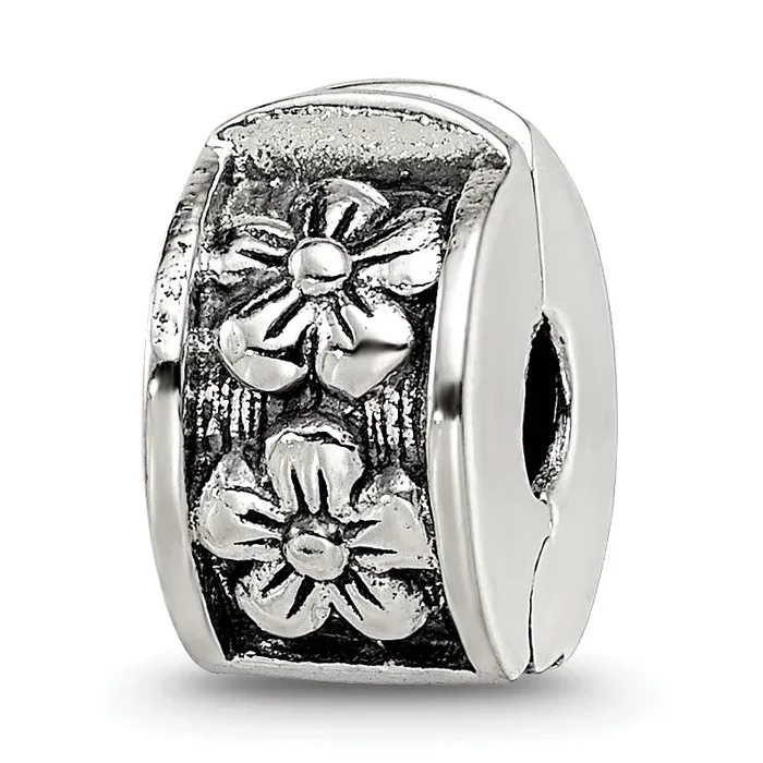Sterling Silver 925 Floral Hinged Clip Bead with Antiqued Finish Elegant Design