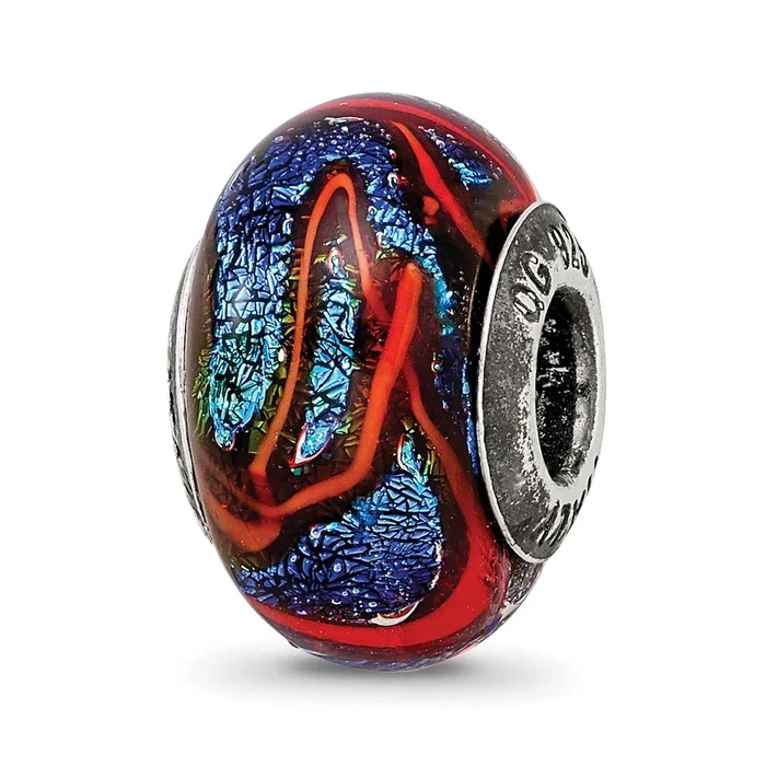 Sterling Silver 925 Glass Bead with Blue and Orange Swirls Elegant Charm