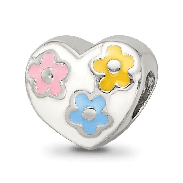 Sterling Silver 925 Kids Enameled Heart Bead with Flowers Gift Ready