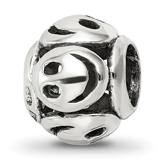 Sterling Silver 925 Smiley Faces Bead with Antiqued Finish Solid Cast
