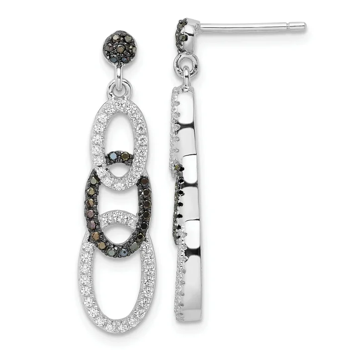 Sterling Silver Black & Clear Cz True Fire Oval Dangle Post Earrings