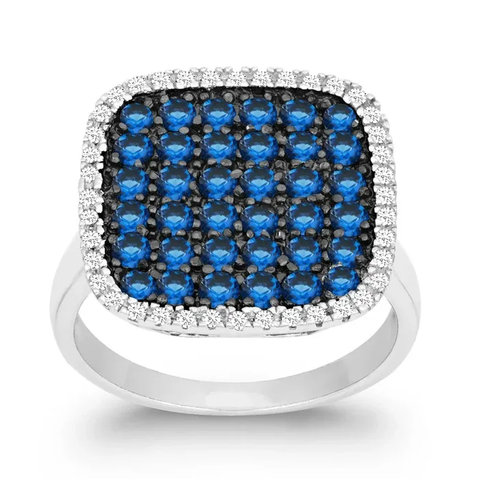 Sterling Silver Blue CZ Black Rhodium Square Ring – W-9875