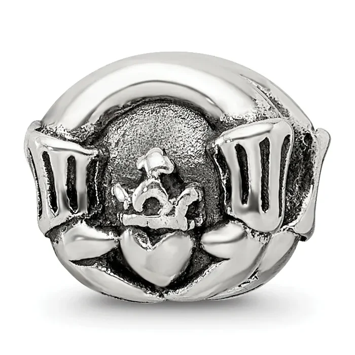 Sterling Silver Claddagh Bead with Antiqued Finish Solid Cast Design
