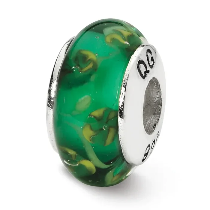 Sterling Silver Hand-Blown Green Glass Bead with Antiqued Finish