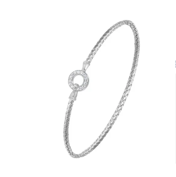 Sterling Silver Mesh Bangle Bracelet with CZ Circle Clasp (SI5295)