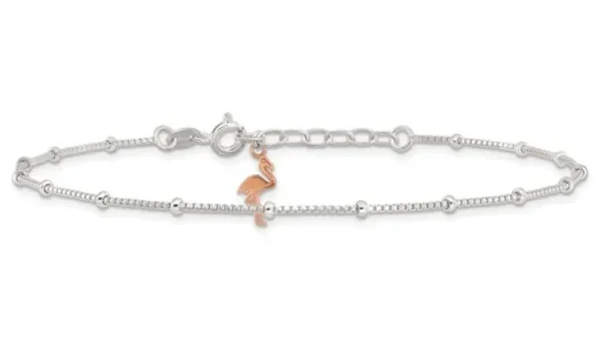 Sterling Silver Rhodium Plated Beaded Anklet with Rose Tone Flamingo (SI8079)