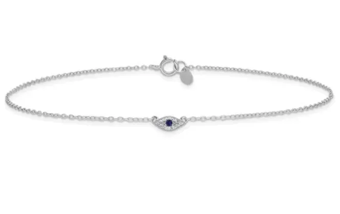 Sterling Silver Rhodium Plated Blue & White CZ Evil Eye Anklet (SI8080)