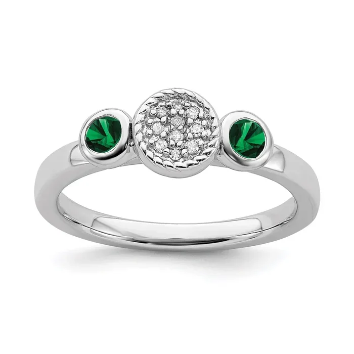 Sterling Silver Stackable Expressions Dbl Round Cr. Emerald & Dia. Ring | QSK524
