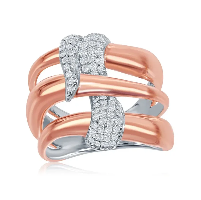 Sterling Silver TT Triple Wave Design CZ Ring – W-1869