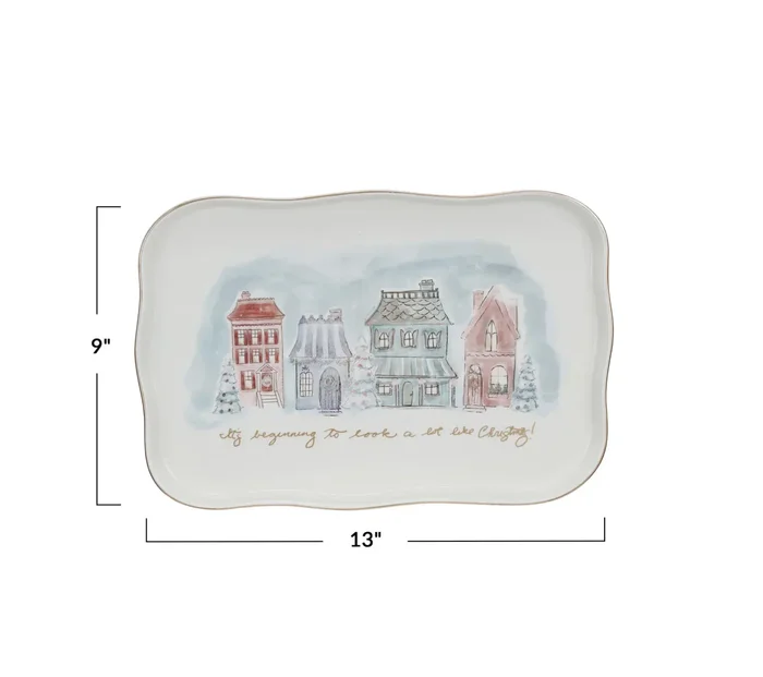 Stoneware Platter w/ Village Christmas Scene & Gold Electroplating