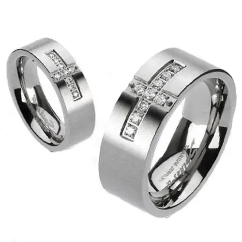 Stunning Dual Finish Mirror Polished Titanium Ring with Pavé CZ Cross on a Matte Band. Couple Ring