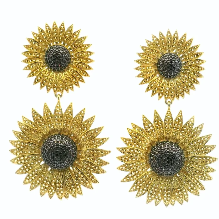 Sunflower Nanostone Dangle Earrings – Double Sunflowers with Yellow & Brown Nanostones in Gold Vermeil over 925 Sterling Silver