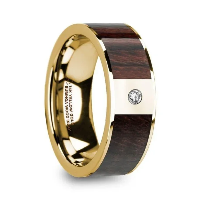 TARAS Bubinga Wood Inlaid 14k Yellow Gold Men’s Ring with Diamond Center & Polished Finish – 8mm